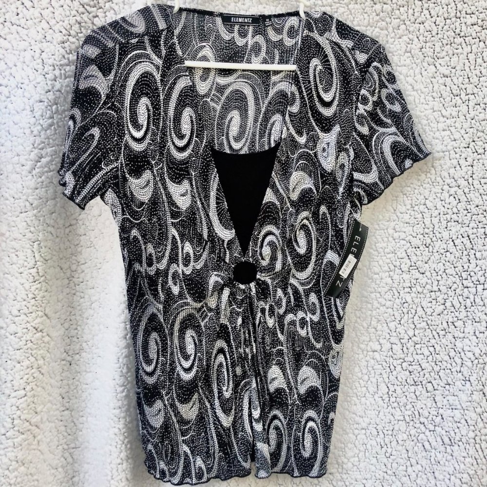 NWT Black White Blouse Black Undershirt Dot and Swirl Design Round Cutout